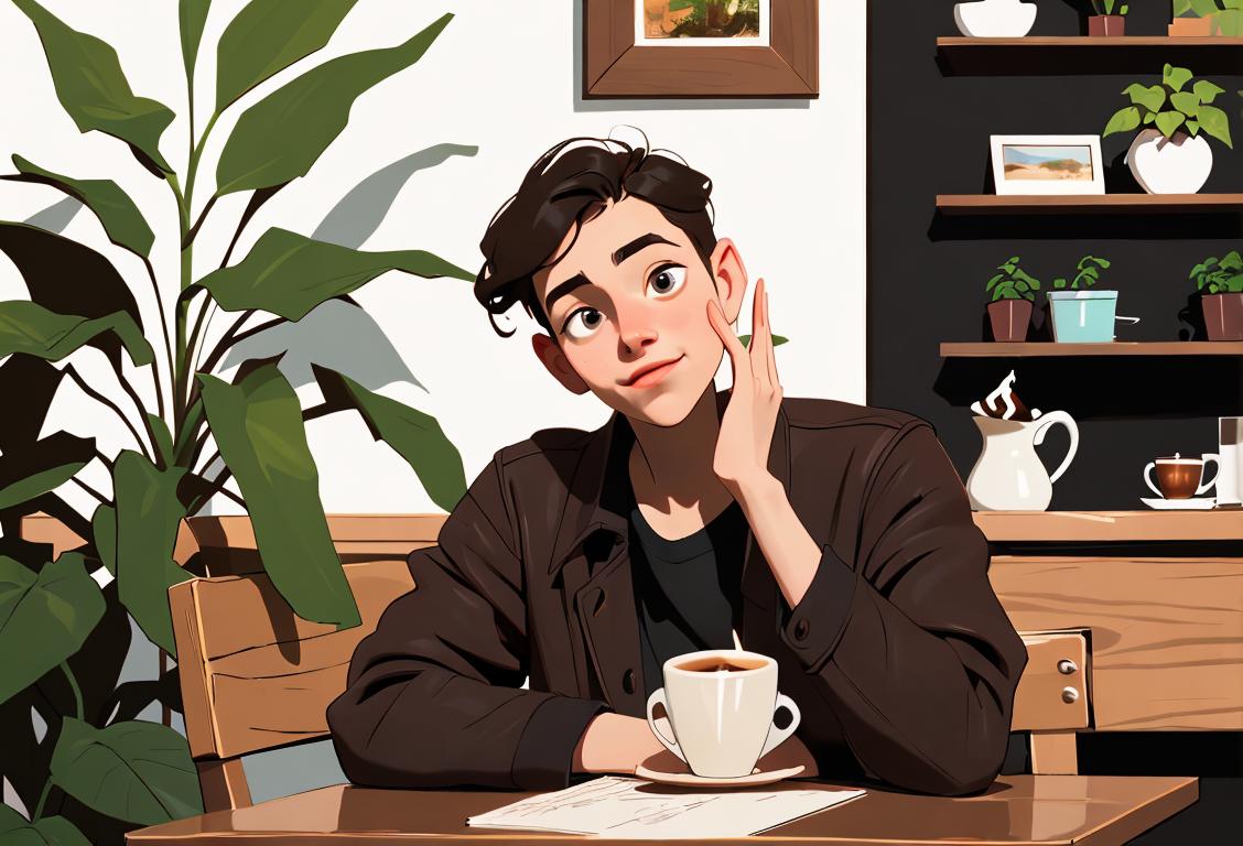 Young person joyfully holding up an empty wallet, wearing casual clothes, hipster coffee shop setting, surrounded by books and plants..