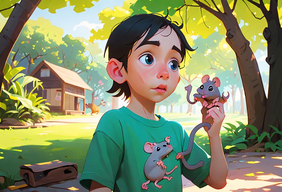 Child gently holding a rat, wearing a colorful t-shirt, nature park setting, surrounded by curious onlookers..