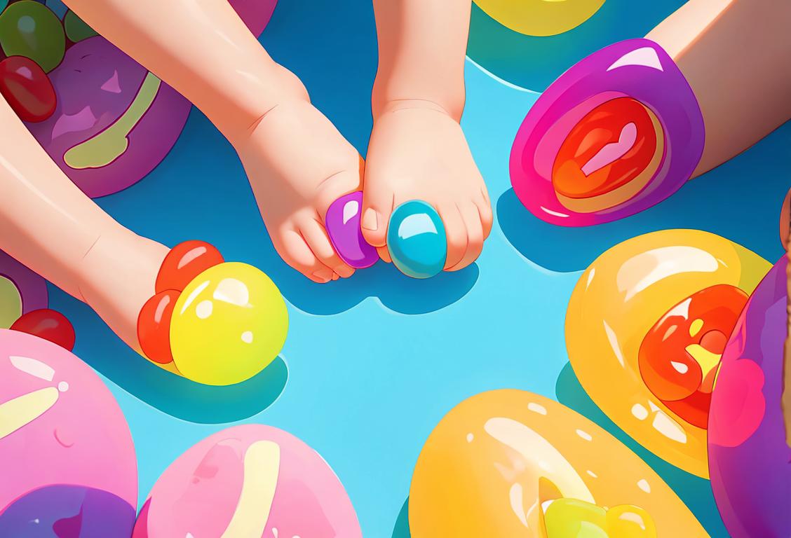 Colorful jellybeans arranged in a playful pattern, accompanied by a group of young children in summer outfits, enjoying a picnic in a sunny park..