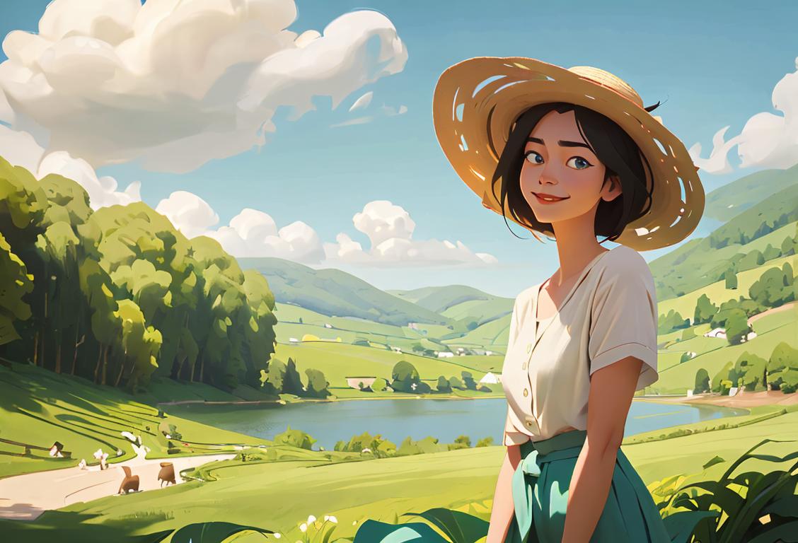 A happy person surrounded by lush green landscapes, wearing a straw hat, comfortable outdoor clothing, enjoying the serenity of National Landscape Day..