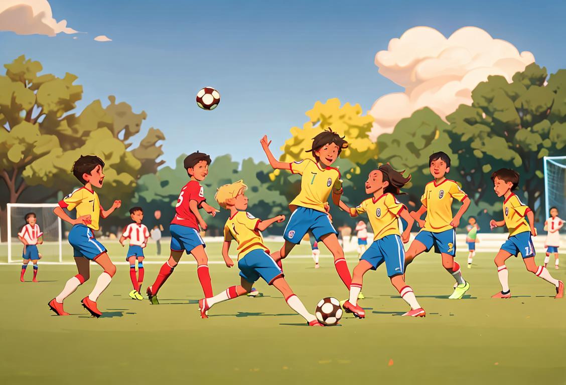 A group of diverse children joyfully playing soccer in a park, wearing colorful jerseys and shorts, under a sunny sky..