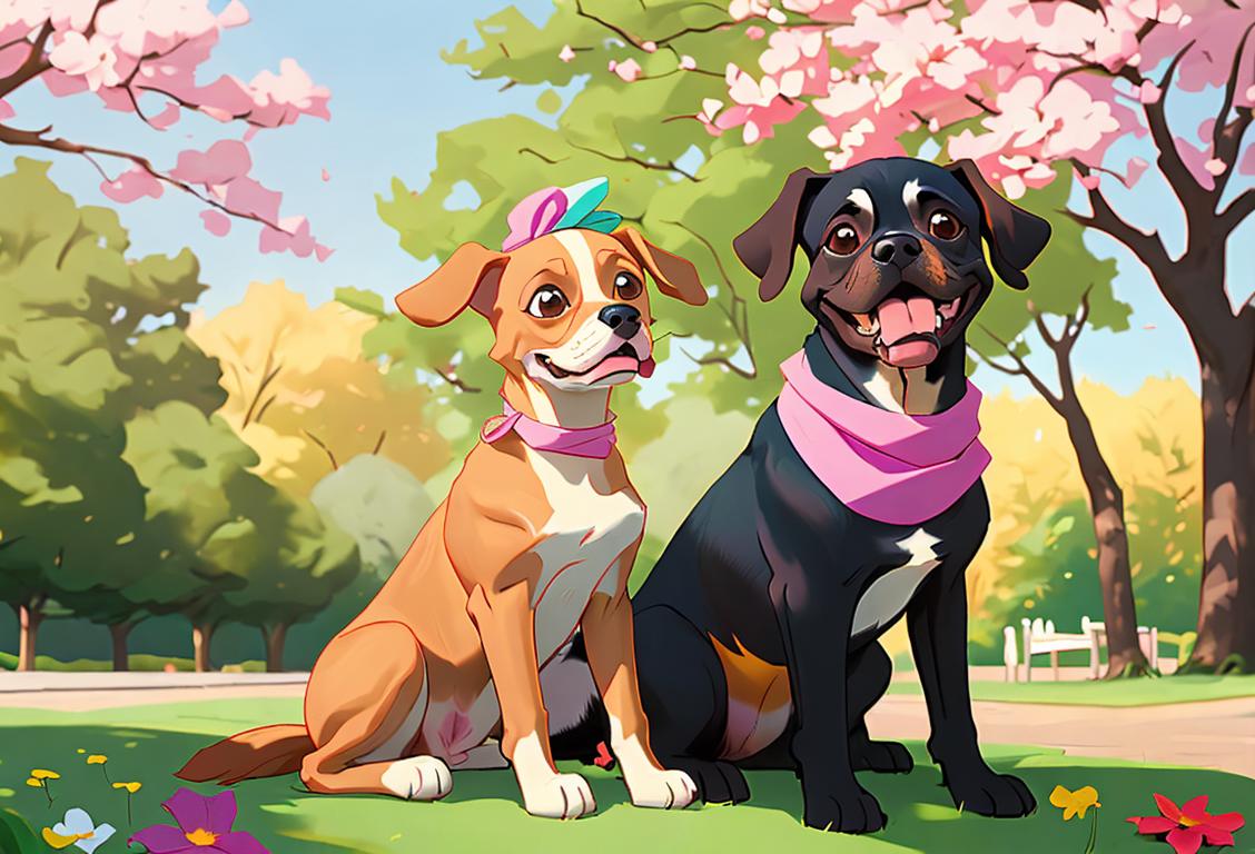 Happy dog with wagging tail, wearing a colorful bandana and sitting in a park surrounded by trees and flowers..
