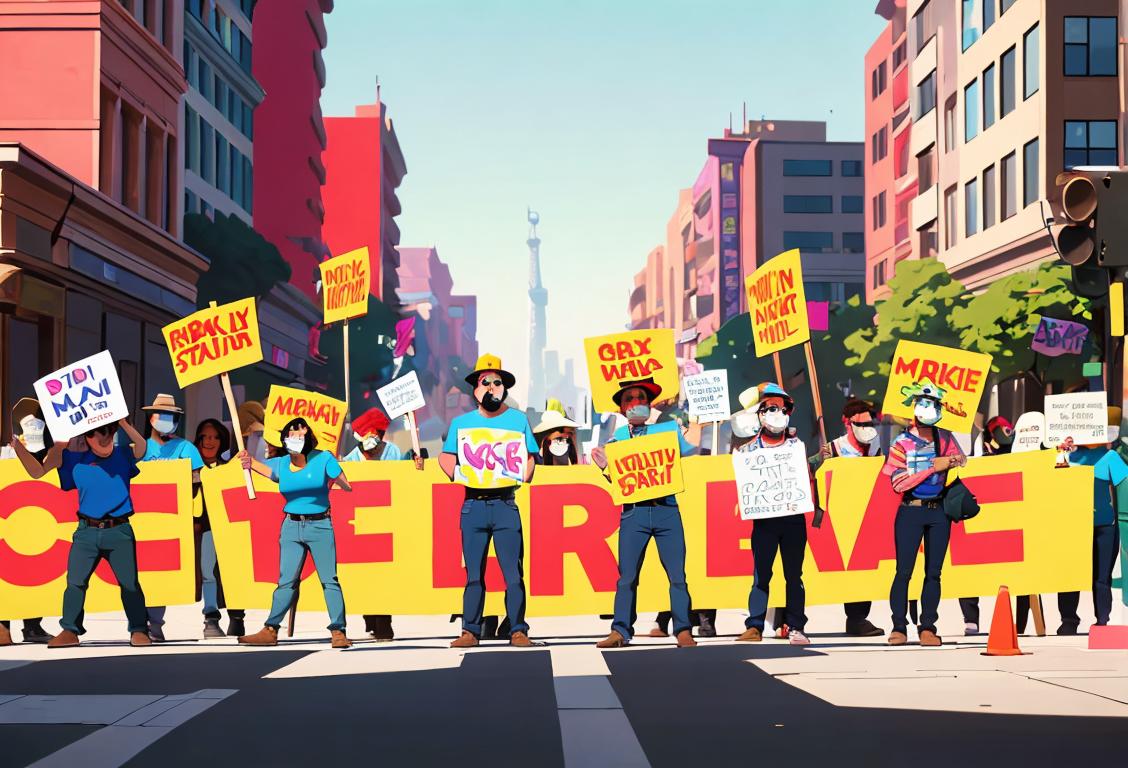 Group of diverse workers holding picket signs, wearing colorful protest shirts, urban city setting..