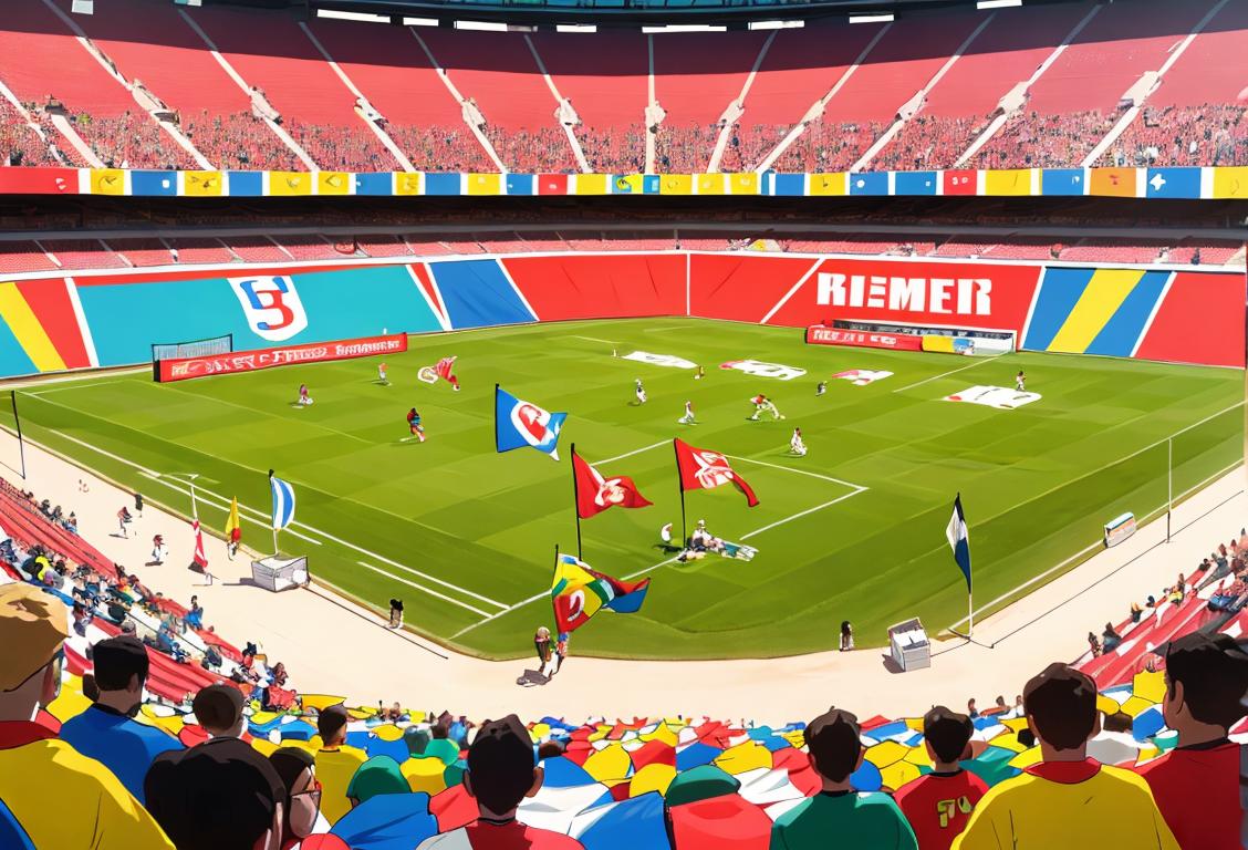 Thrilled sports fans wearing their team jerseys, cheering in a packed stadium, surrounded by colorful banners and flags..