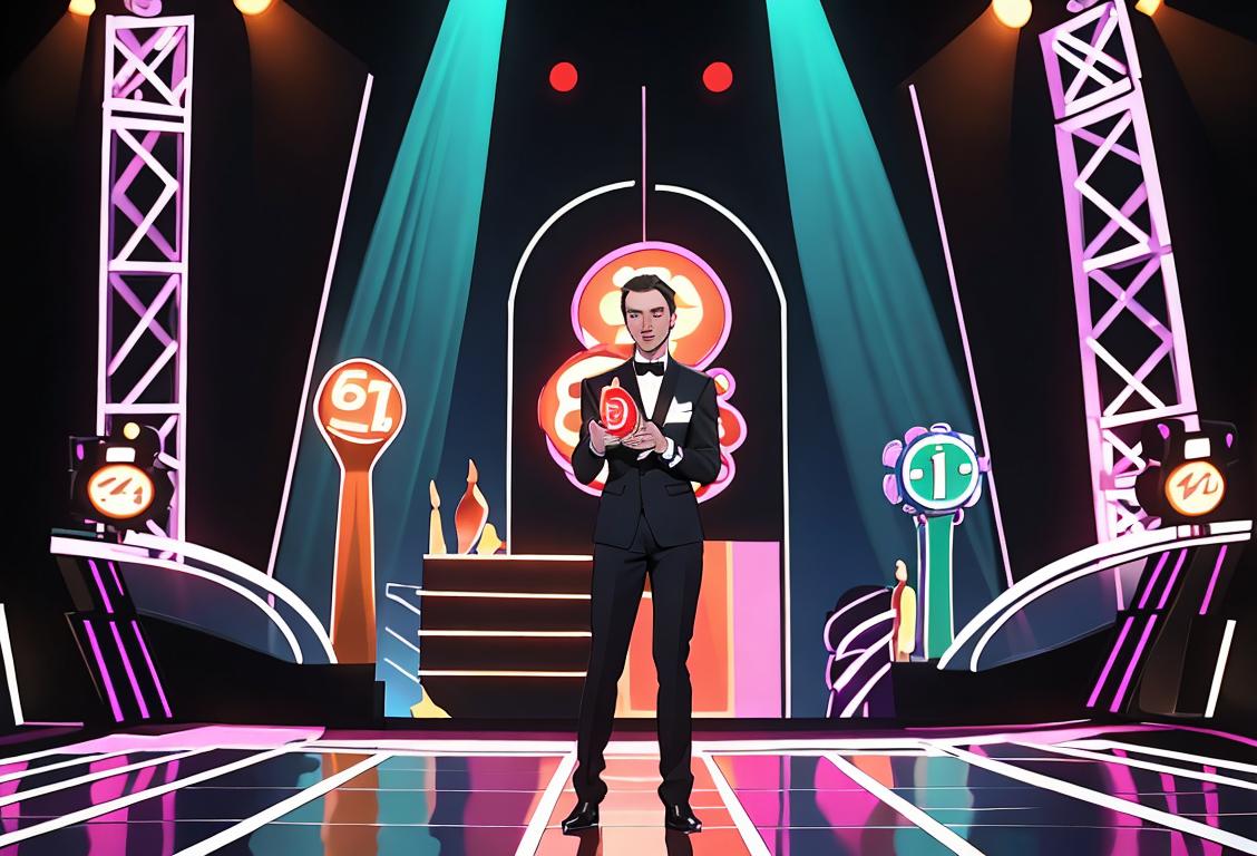 Vibrant image of a intense high-stakes game show finale featuring contestants dressed in stylish attire, with a lively studio audience..