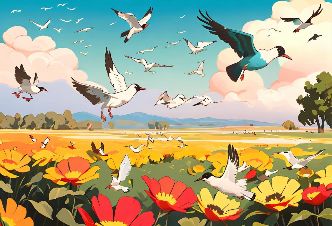 Colorful illustration of various migratory birds in flight, set against a vibrant natural scene with binoculars and a field guide nearby..