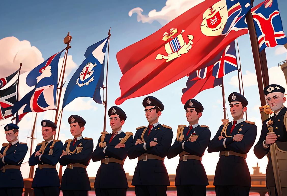 A group of diverse merchant navy sailors in uniform, standing together in front of a majestic ship, with flags waving in the background..