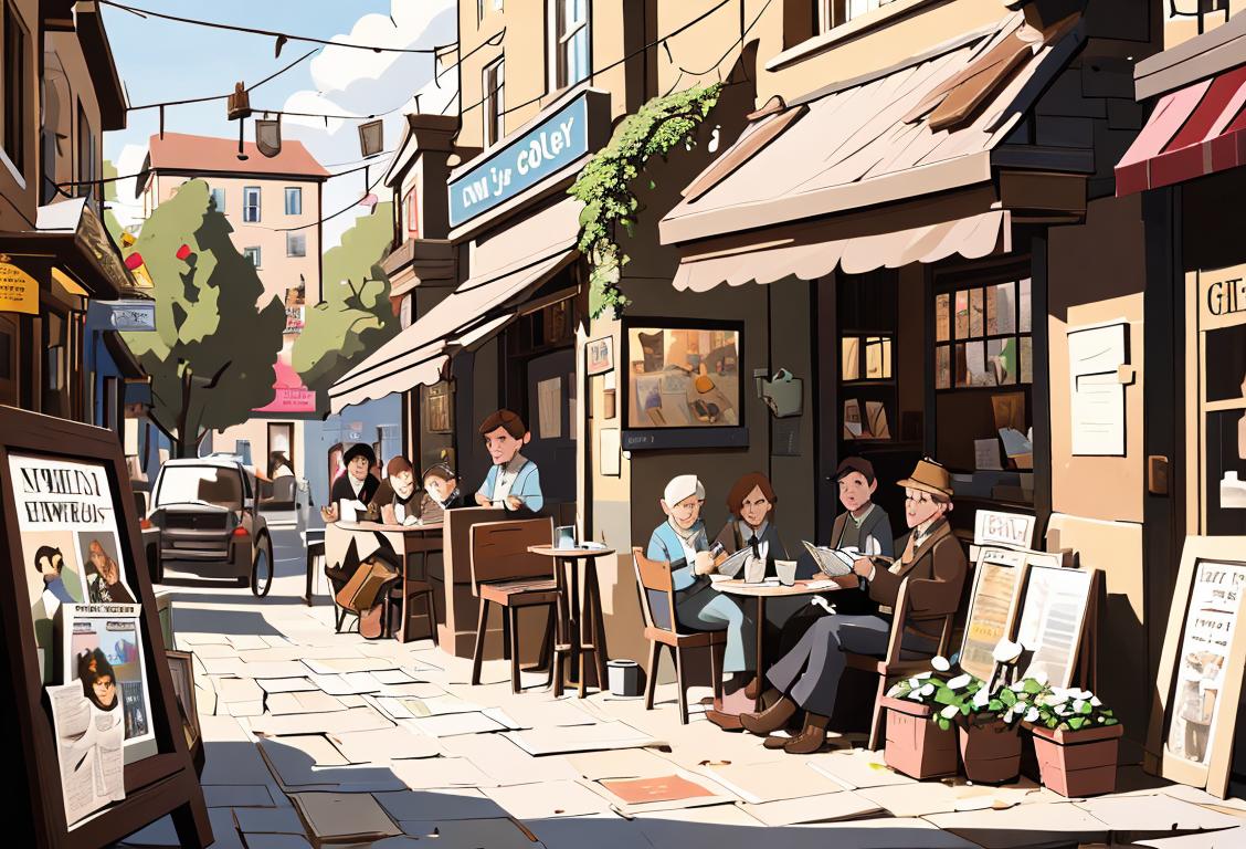 Curious townsfolk reading a stacked-up pile of newspapers, eclectic fashion, buzzing coffee shop scene, a charming depiction of National News day..
