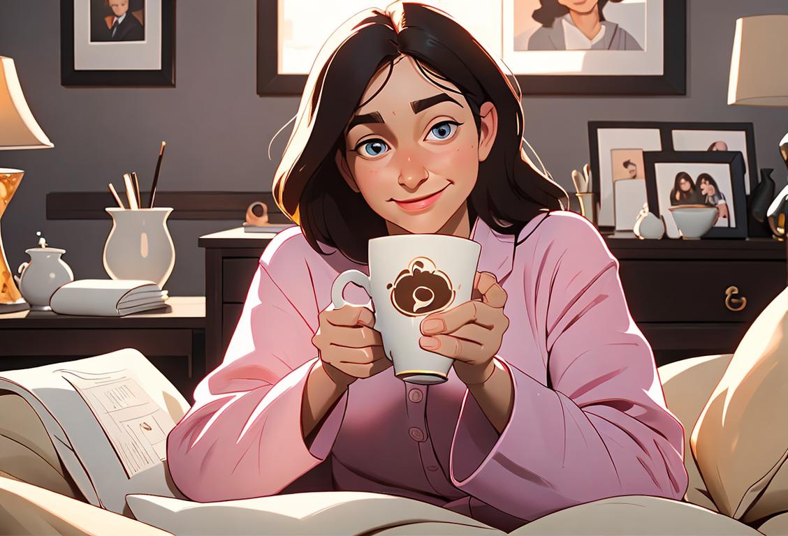 Happy employee in pajamas, wrapped in a cozy blanket, surrounded by tissues and a cup of tea, home office setting..