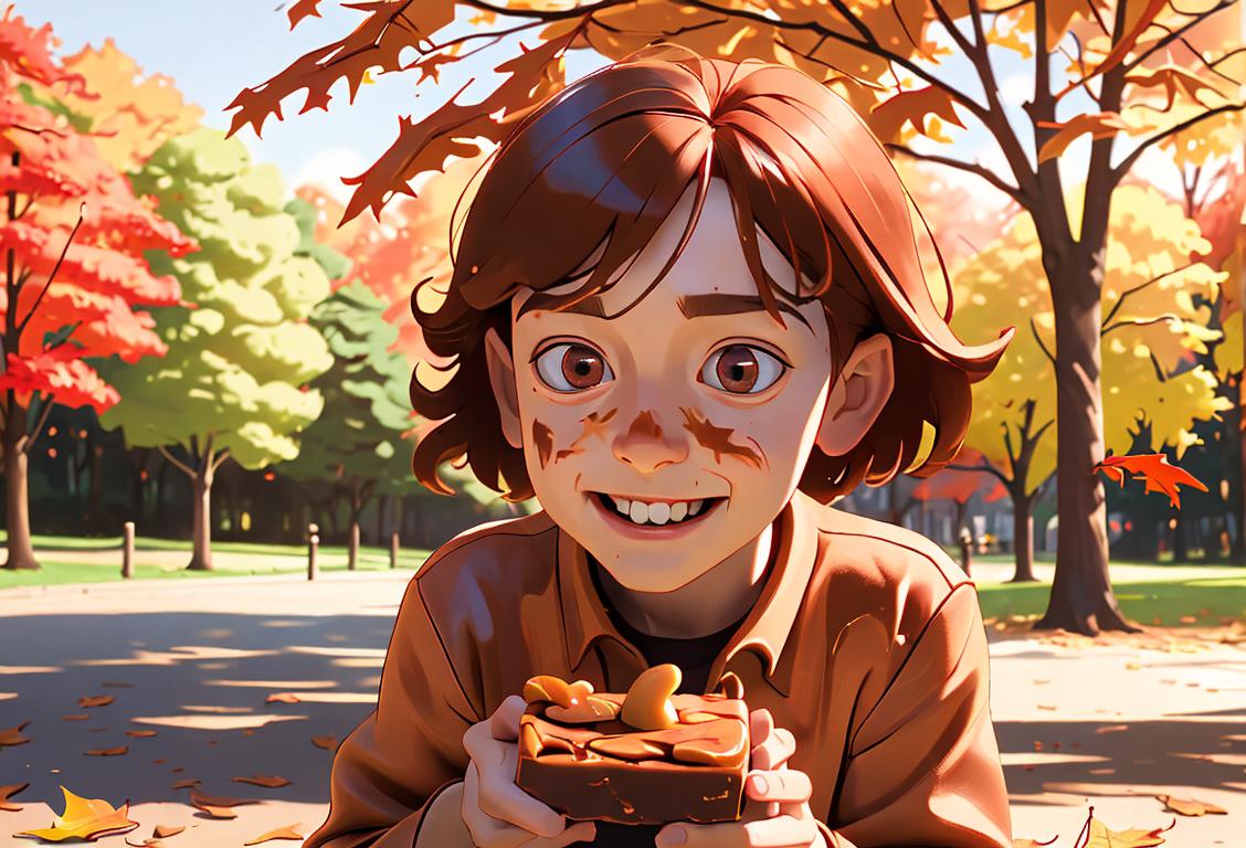Delighted child savoring a slice of penuche fudge, messy hair, sunny park setting with colorful autumn leaves..