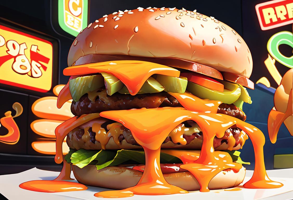 A person holding a mouthwatering cheeseburger with a melty, cheesy goodness and delicious toppings. They are wearing a trendy outfit and standing in a vibrant street scene..