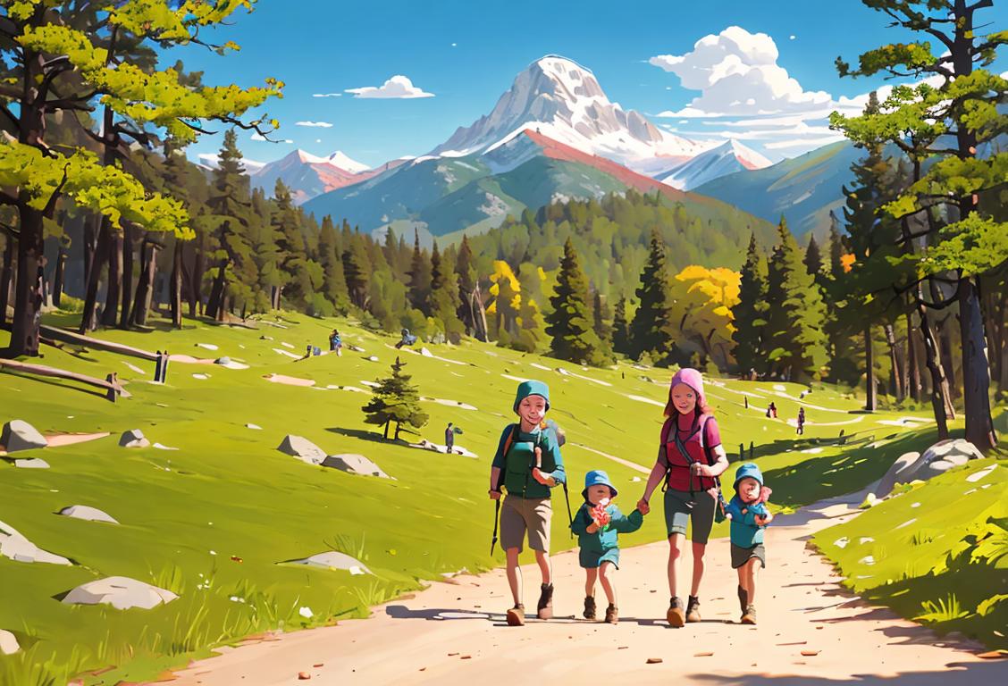 Family hiking in a national park, wearing outdoor gear, surrounded by beautiful scenery and smiling faces..