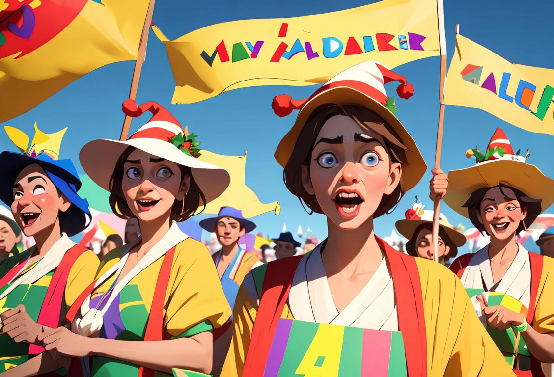 A group of people wearing funny hats, holding banners with various titles written on them, dancing and celebrating in a festive, colorful parade..