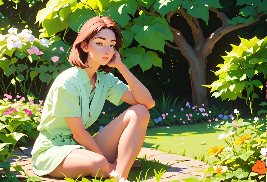 Person sitting cross-legged in a lush garden, wearing comfortable clothing, surrounded by flowers and nature's beauty..