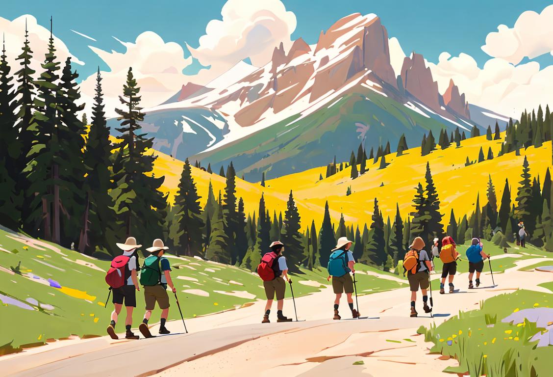 Group of diverse individuals, wearing hiking gear, surrounded by a picturesque landscape, celebrating Public Lands Day..