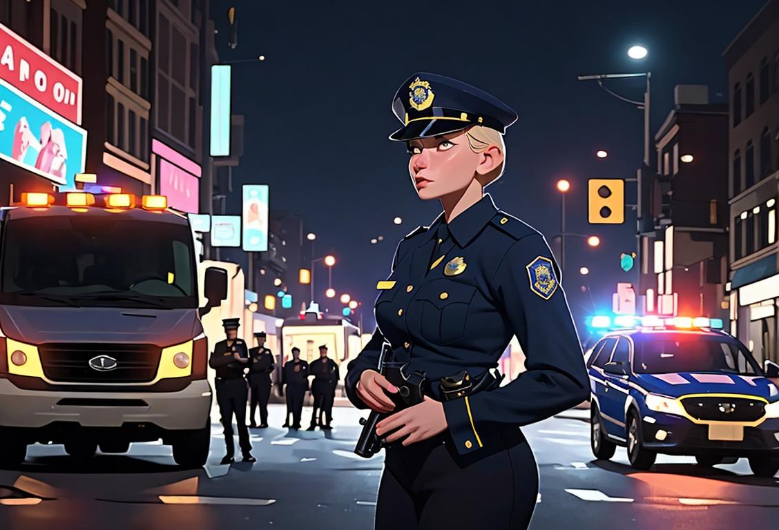 A police officer in uniform, confidently wearing a badge, standing in front of a bustling city street scene with sirens and lights..