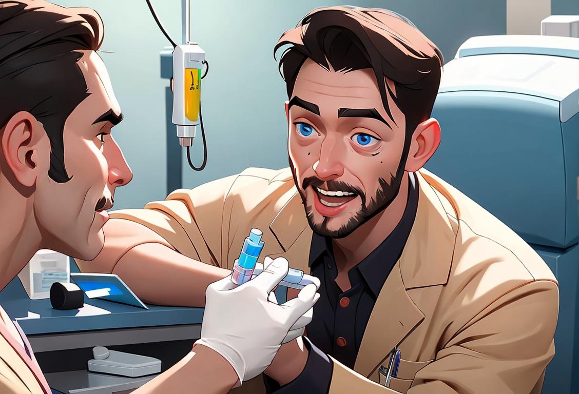 Cheerful man getting tested for hepatitis, wearing a lab coat, modern medical facility with friendly staff..