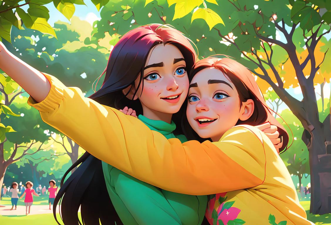Young girl with arms outstretched, wearing colorful clothing, surrounded by a group of diverse people hugging each other tightly, outdoors in a park filled with lush greenery..