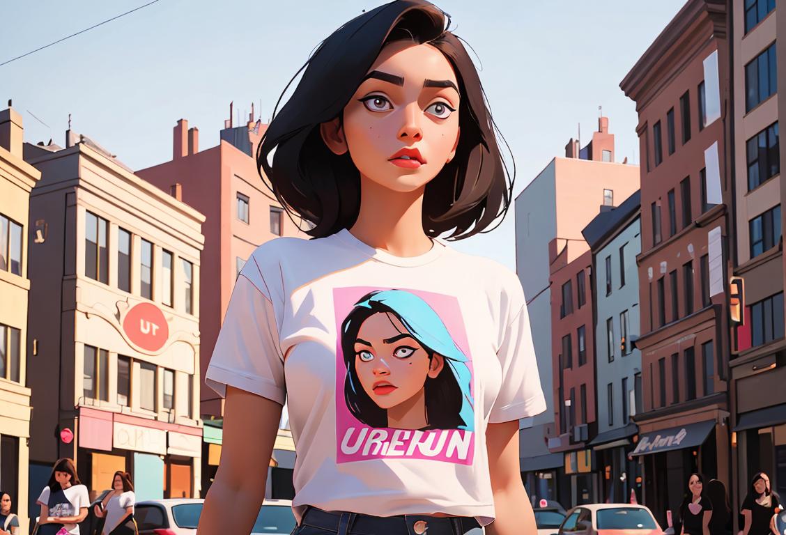 Young woman surrounded by a group of diverse women, standing with confidence, wearing empowering slogan t-shirts, urban city backdrop..