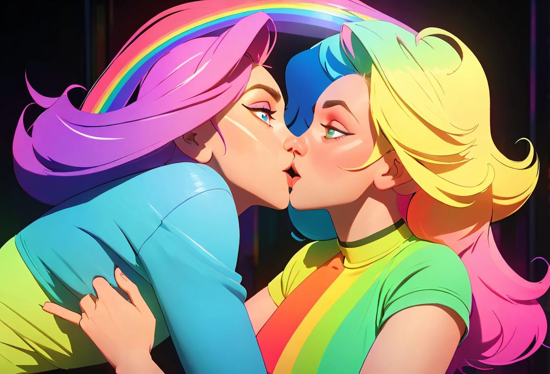 Excited individuals from the LGBTQ+ community coming out of a rainbow-filled closet, surrounded by supportive friends, wearing vibrant and diverse clothing styles.