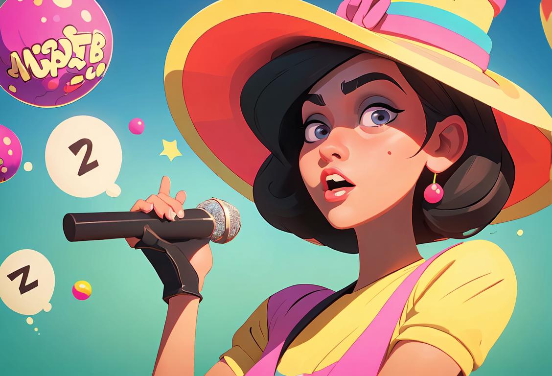 Young woman wearing a funny hat, holding a microphone, surrounded by thought bubbles with witty remarks. Vibrant, carnival-style background..