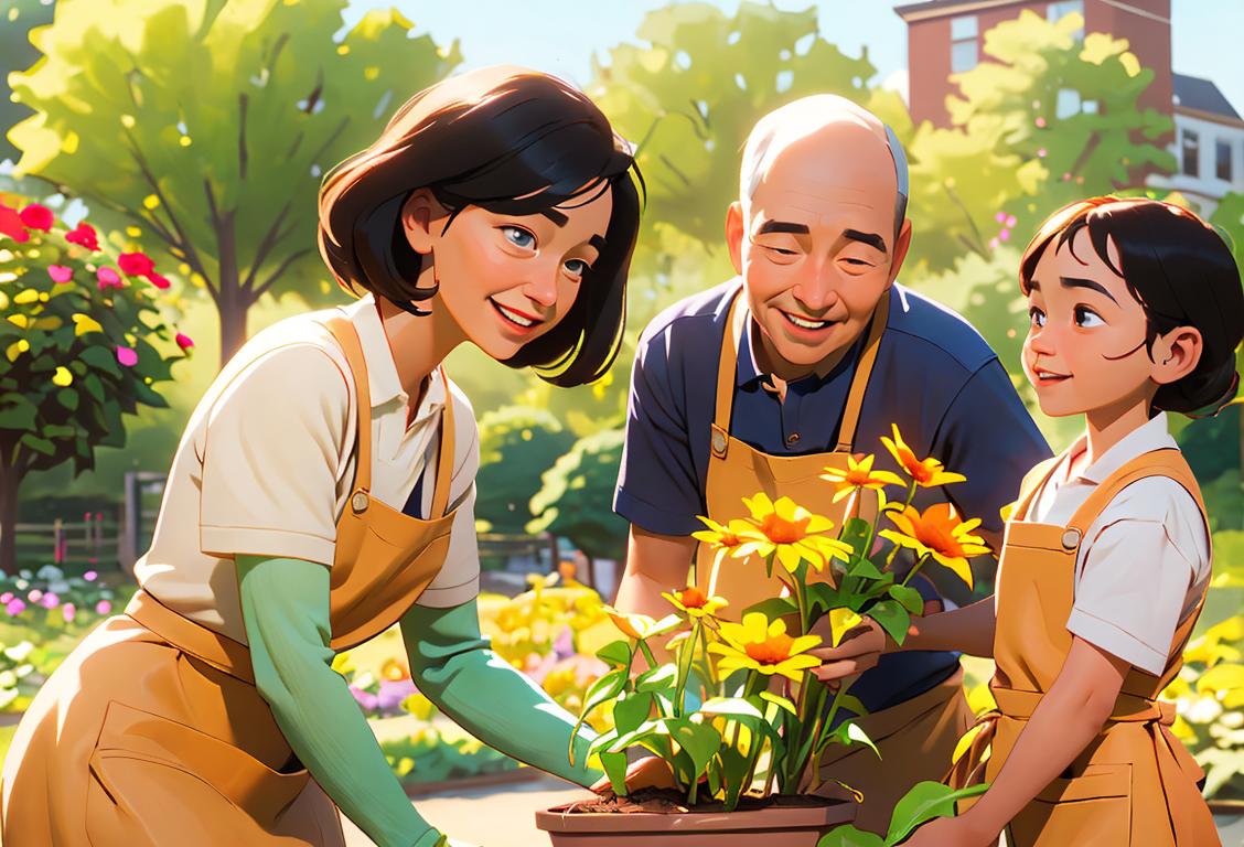 Happy family wearing matching aprons, planting flowers in a community garden, sunshine-filled park setting.