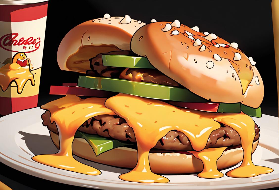 A hungry person biting into a double cheeseburger with gooey cheese, dressed in a retro diner outfit, enjoying the tasty treat..