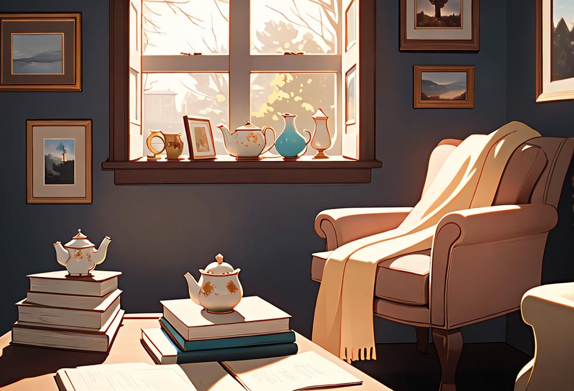 A cozy scene by a window, with a cup of tea, a stack of books, and a blanket draped over a chair..