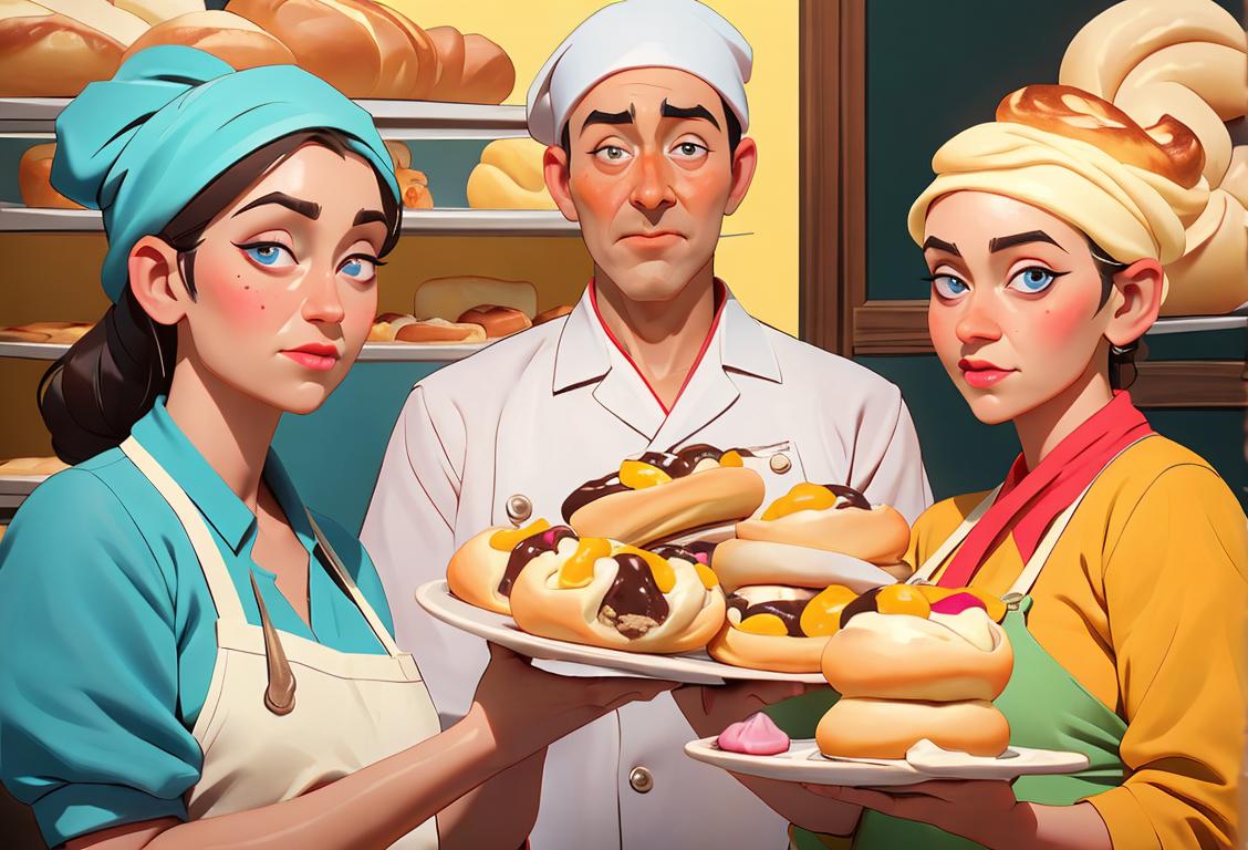 A group of diverse people enjoying kolaches in a vibrant bakery, each wearing attire representing different cultures from around the world..