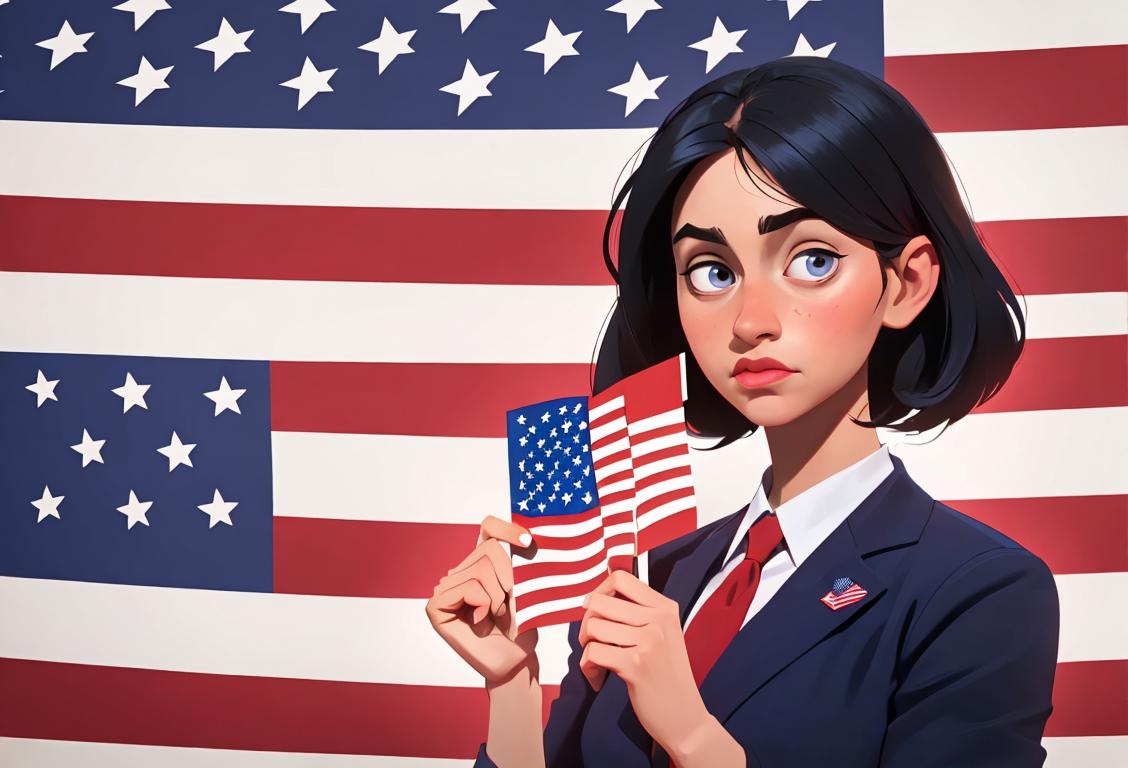 Young adult holding a ballot, wearing patriotic colors, American flag backdrop, suburban polling station, diverse group of voters in the background..