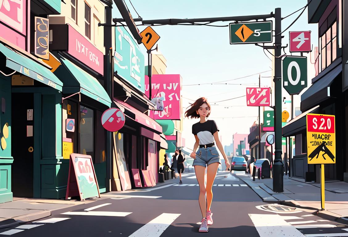 Young woman walking confidently, wearing comfortable clothes and sneakers, in a vibrant urban setting with bustling street signs and a hint of playfulness..