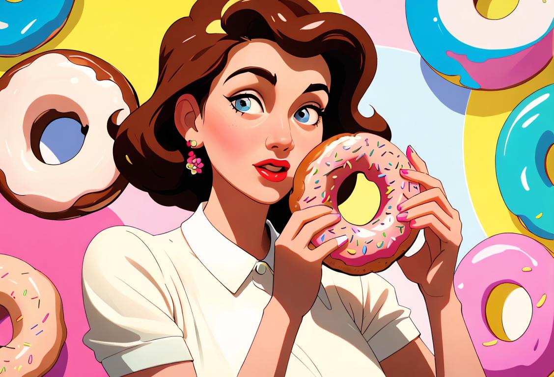A young woman enjoying a glazed doughnut, wearing a retro polka dot dress, in a colorful 1950s style diner..