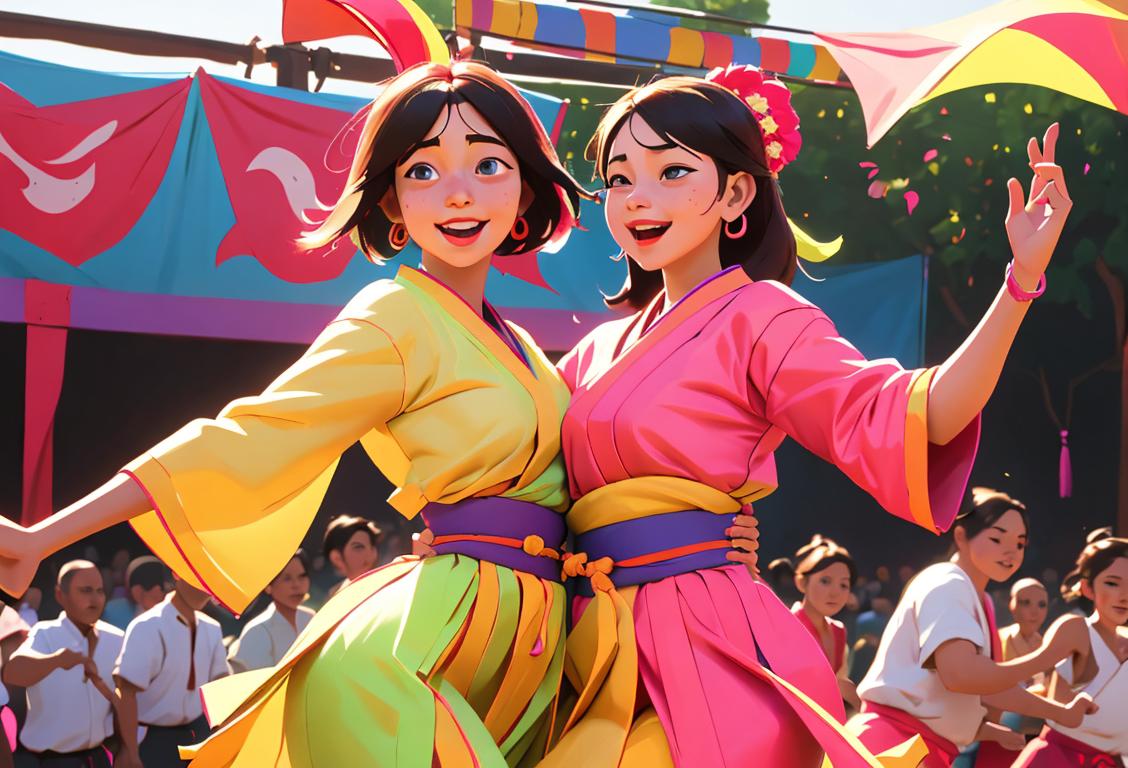 Young people wearing colorful traditional Mosha outfits, dancing in a vibrant, outdoor festival setting, with energetic and joyful expressions on their faces..