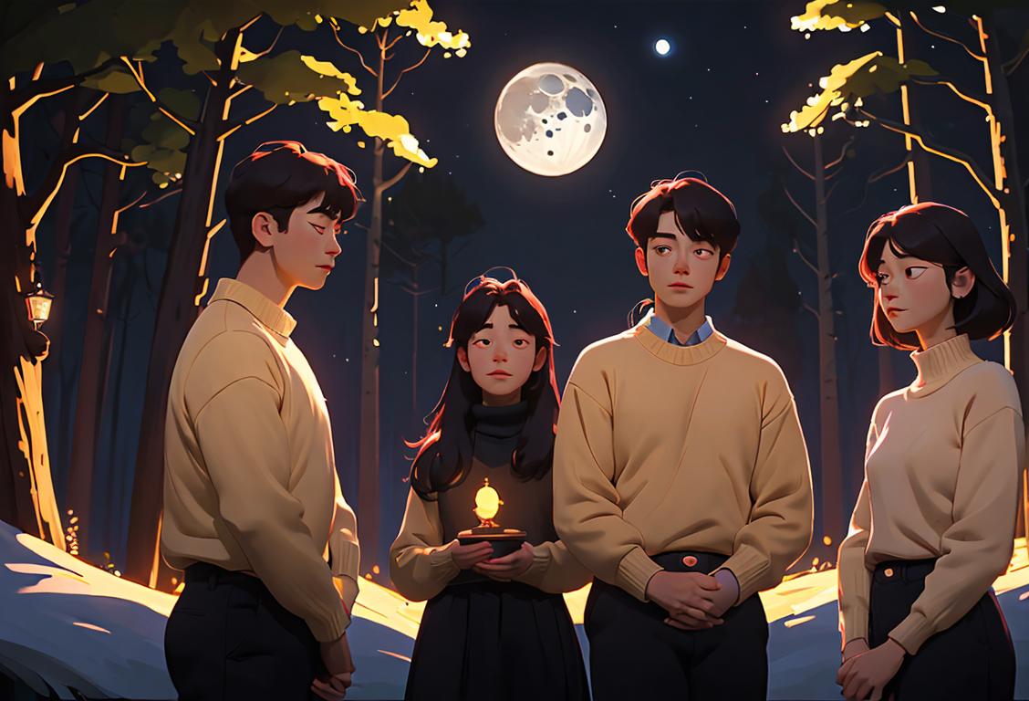 A group of people gazing at the moon, wearing cozy sweaters, surrounded by twinkling lights, and immersed in a serene nighttime forest scene..