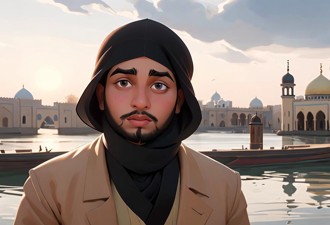 Portrait of a young person, wearing a peaceful expression, traditional clothing, with a backdrop of cultural landmarks..