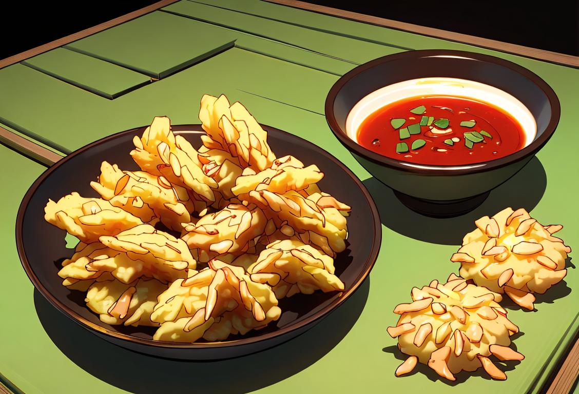 A person delicately dipping a variety of colorful, crispy tempura into a savory dipping sauce, surrounded by a serene Japanese garden..