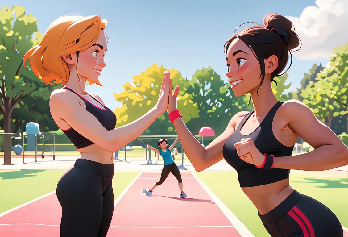 Two friends in workout attire, high-fiving with big smiles, outdoor park setting with gym equipment and fitness motivation posters in the background..