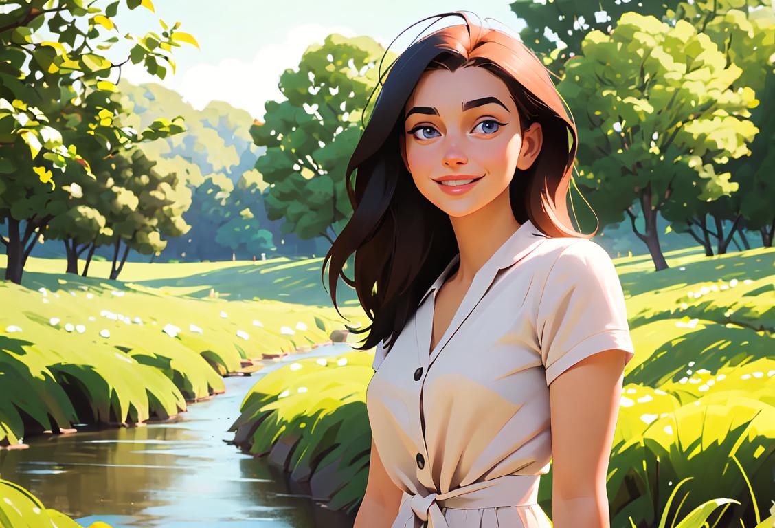 Young woman embracing the beauty of her everyday existence, outdoors in a serene nature setting, wearing casual attire with a charming smile..