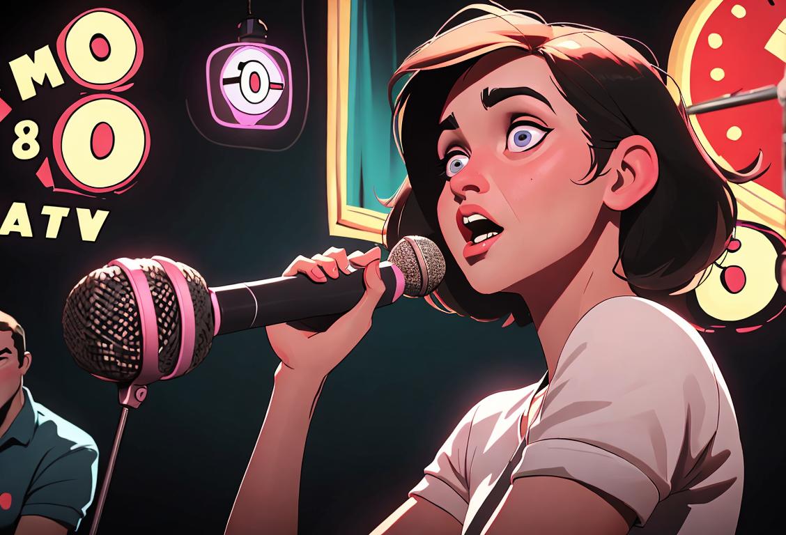 Young woman holding a fake microphone, impersonating Tim Wilson, surrounded by a comedy club audience, 90s retro fashion, retro comedy club setting..