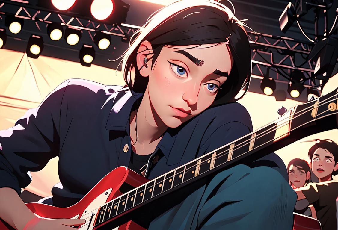 Young person playing a guitar, wearing trendy clothing, indie music festival setting surrounded by adoring fans..