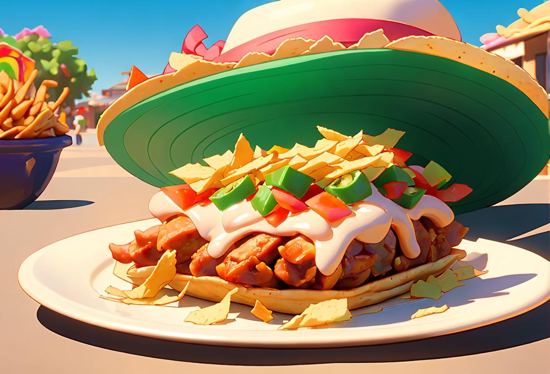 Smiling person, wearing a sombrero, enjoying a crunchy taco fiesta with colorful decorations in a festive Mexican street scene..