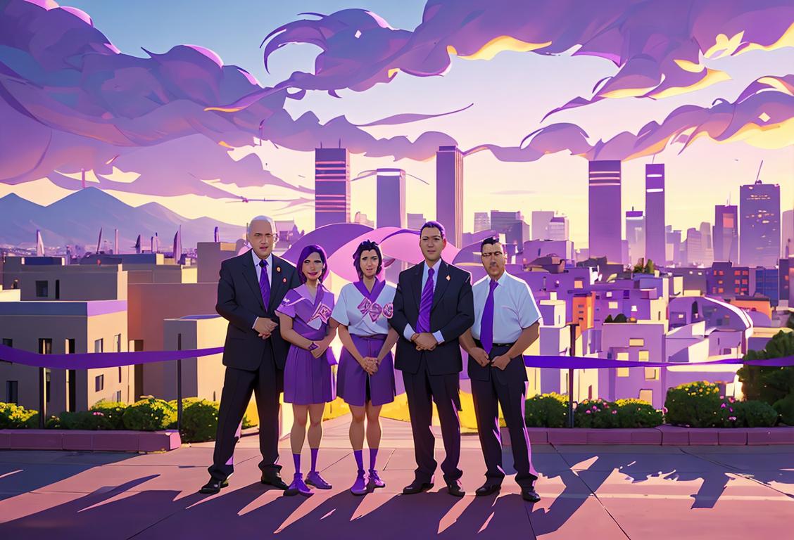 A group of diverse individuals wearing purple ribbons, standing in front of a scenic city backdrop, spreading awareness about pancreatic cancer.