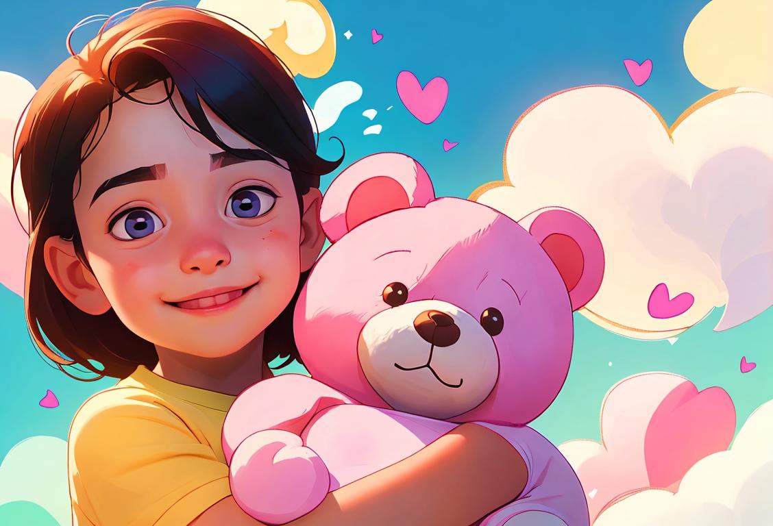 A young child wearing a 'Choose Kindness' t-shirt, hugging a teddy bear with a beaming smile, colorful background with hearts and clouds..