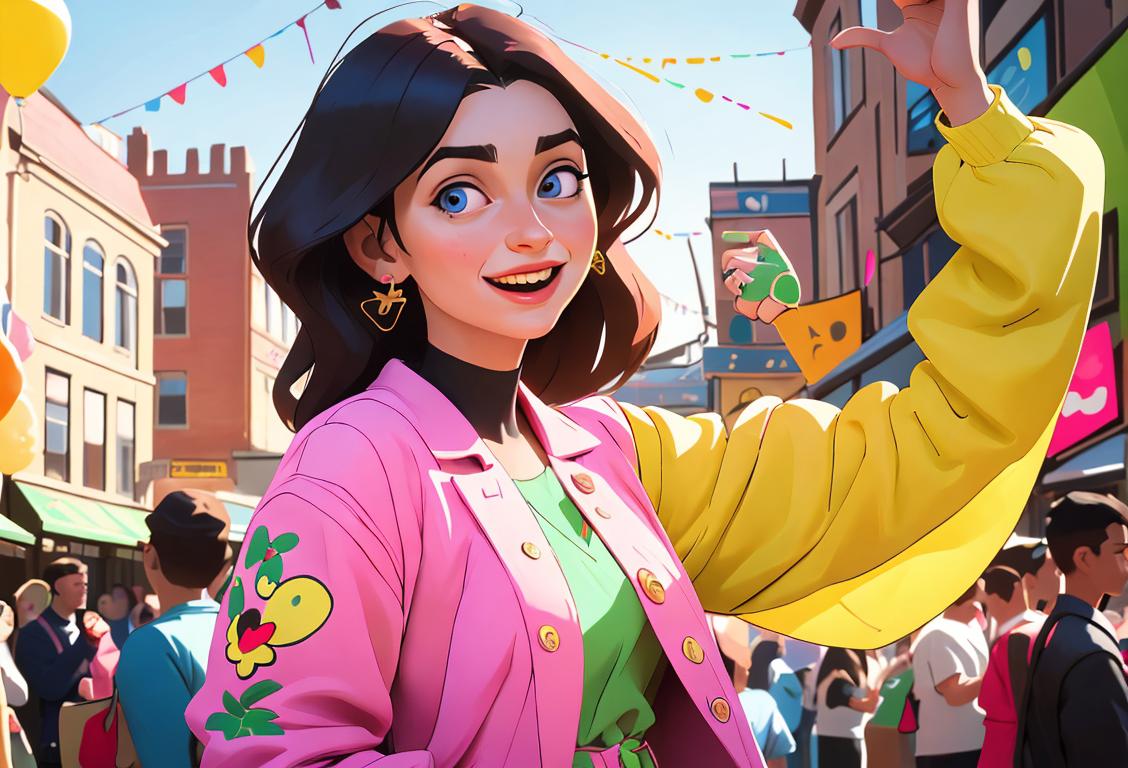 Joyful young person celebrating National Patronage Over the Day, wearing trendy clothing, vibrant urban setting, with an assortment of symbols representing various aspects of patronage and celebration..