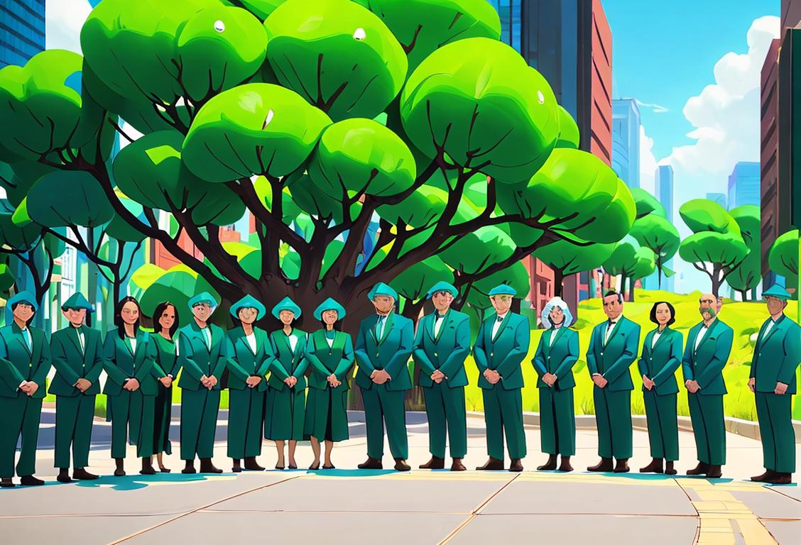 A diverse group of people wearing blue and green attire, standing together with signs promoting organ and tissue donation, in a lively city setting..