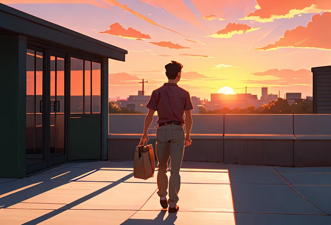 Happy worker leaving office early, wearing casual clothes, holding a glowing sunset in hand..