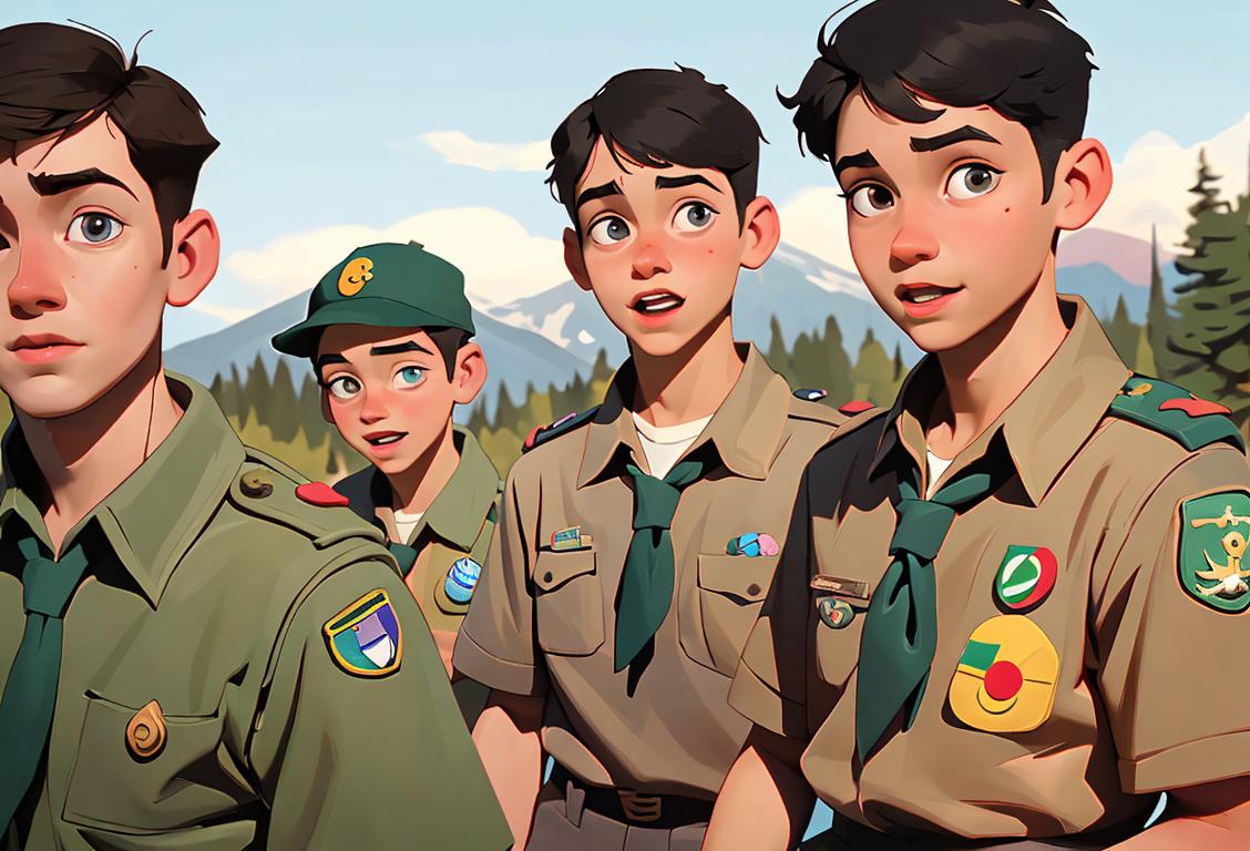 Group of diverse young scouts wearing their badges with pride, exploring the great outdoors, helping each other and having fun along the way..