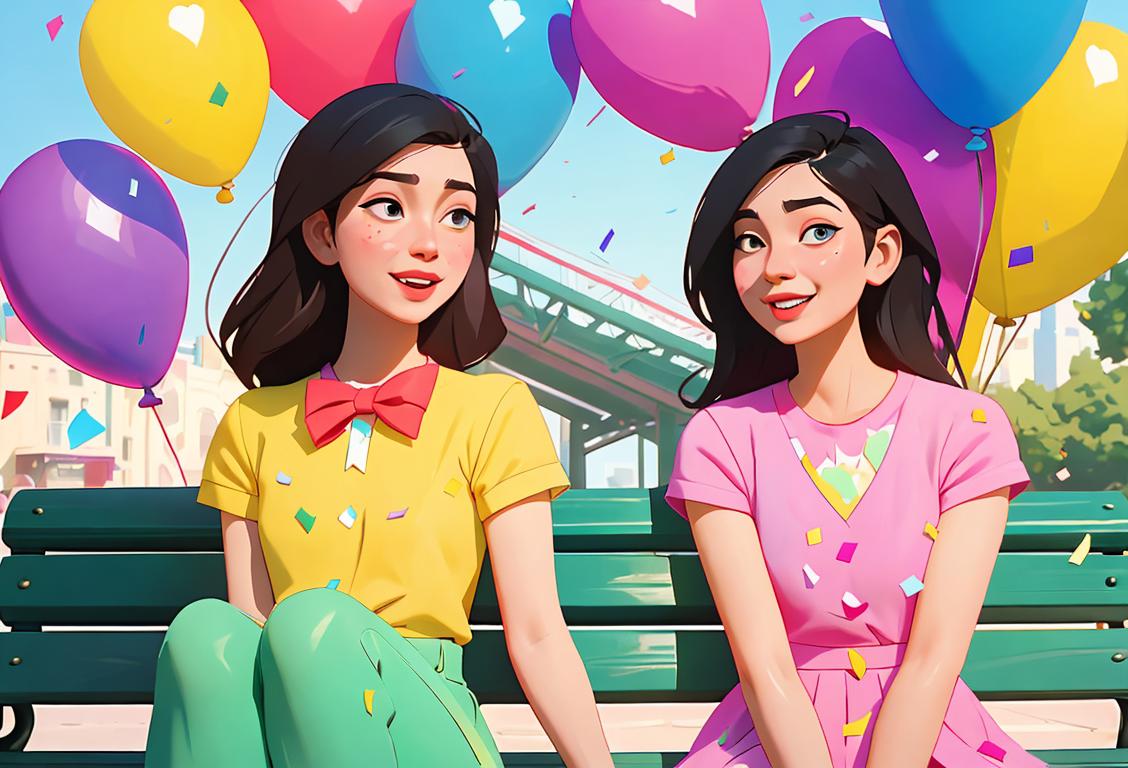 Two friends sitting on a park bench, wearing matching friendship bracelets, surrounded by colorful balloons and confetti..
