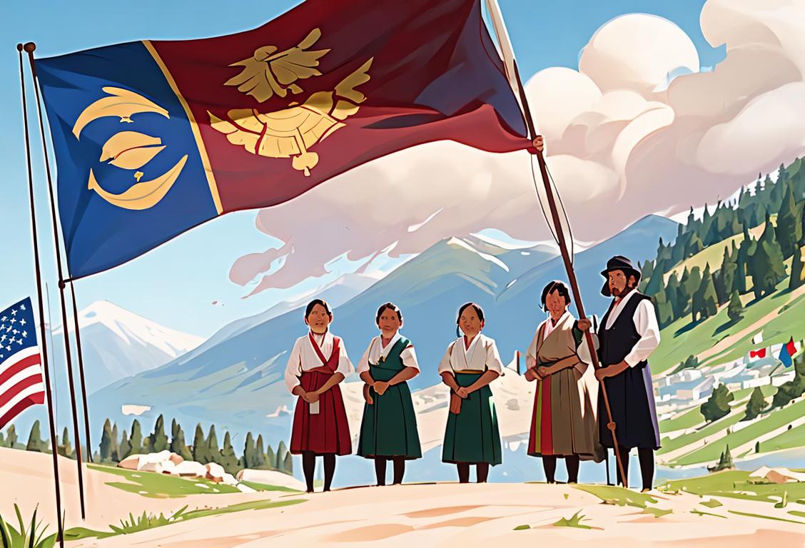 A group of diverse people holding a flag in their hands, wearing traditional clothing, with a scenic backdrop..