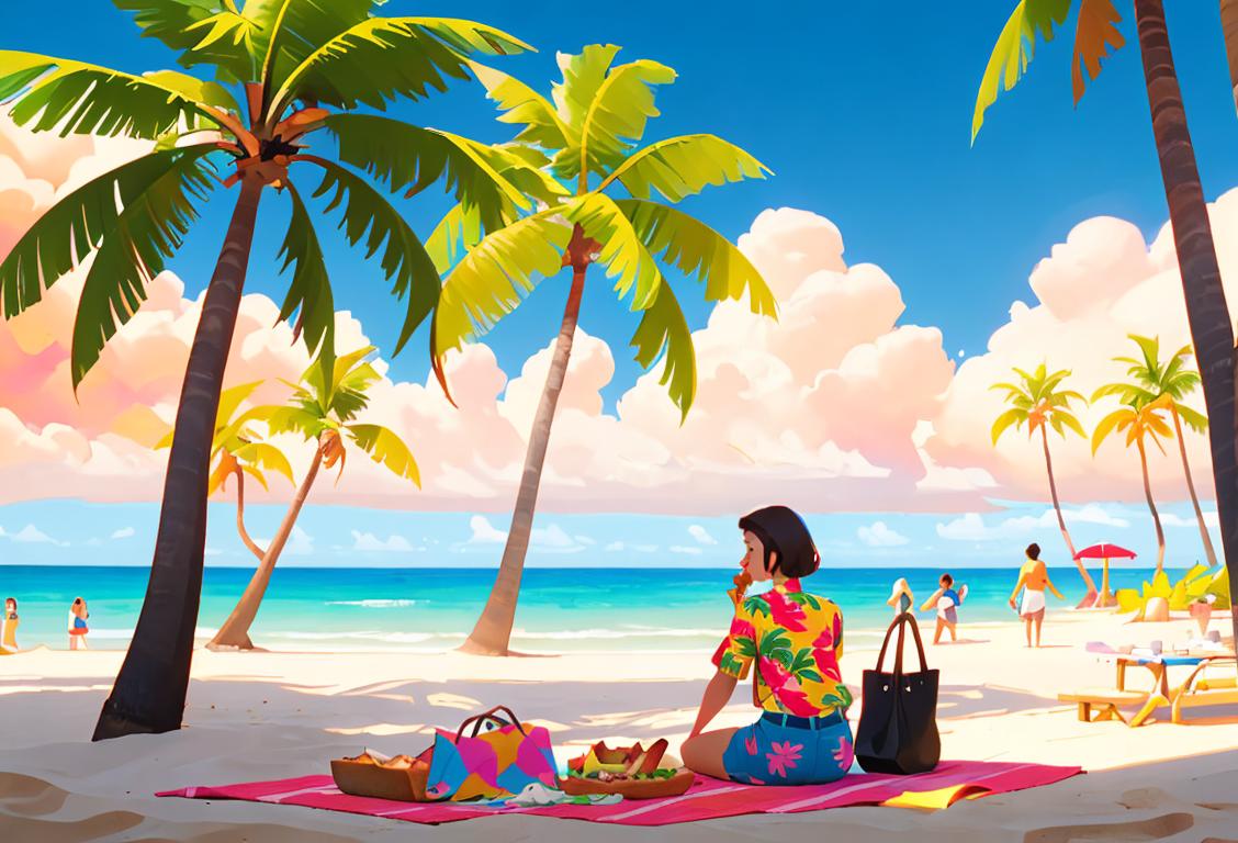 A person eating a sandwich from the back, wearing a colorful Hawaiian shirt, beach picnic scene with palm trees and a sunny sky..